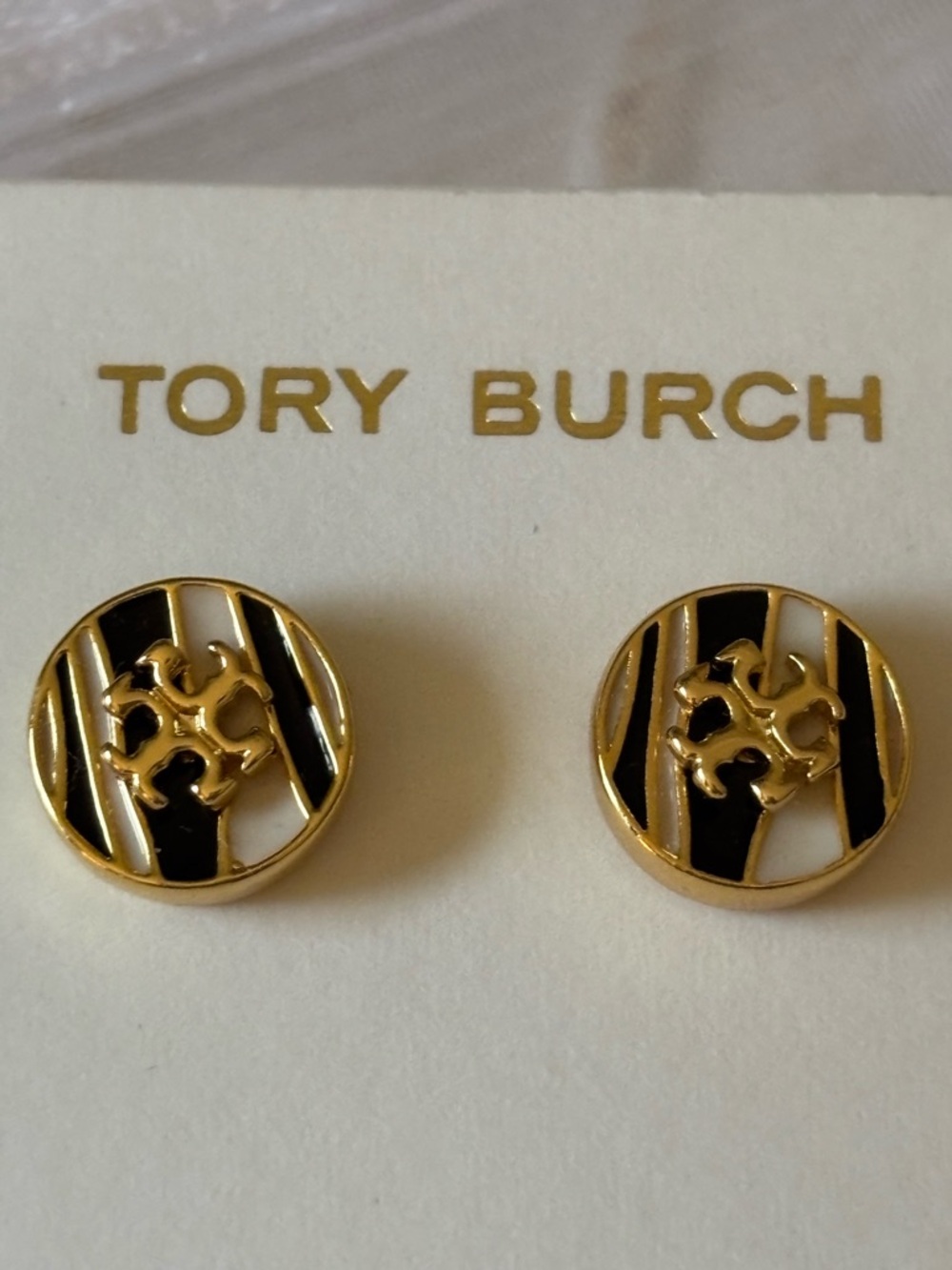 Tory Burch Kira Striped Enamel Logo Stud earrings NWOT